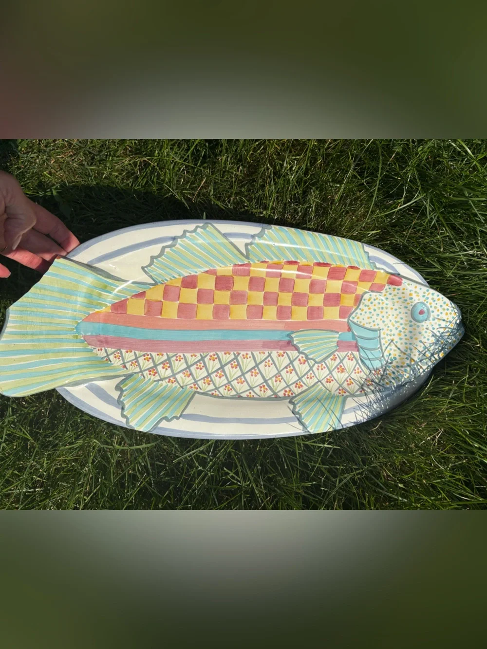RARE HUGE 🐠 MacKenzie-Childs Fish Platter 24” Yellow, Pink, Aqua, Cream READ